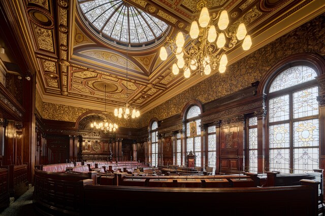 An ornate empty council chamber with curved rows of wooden desks
